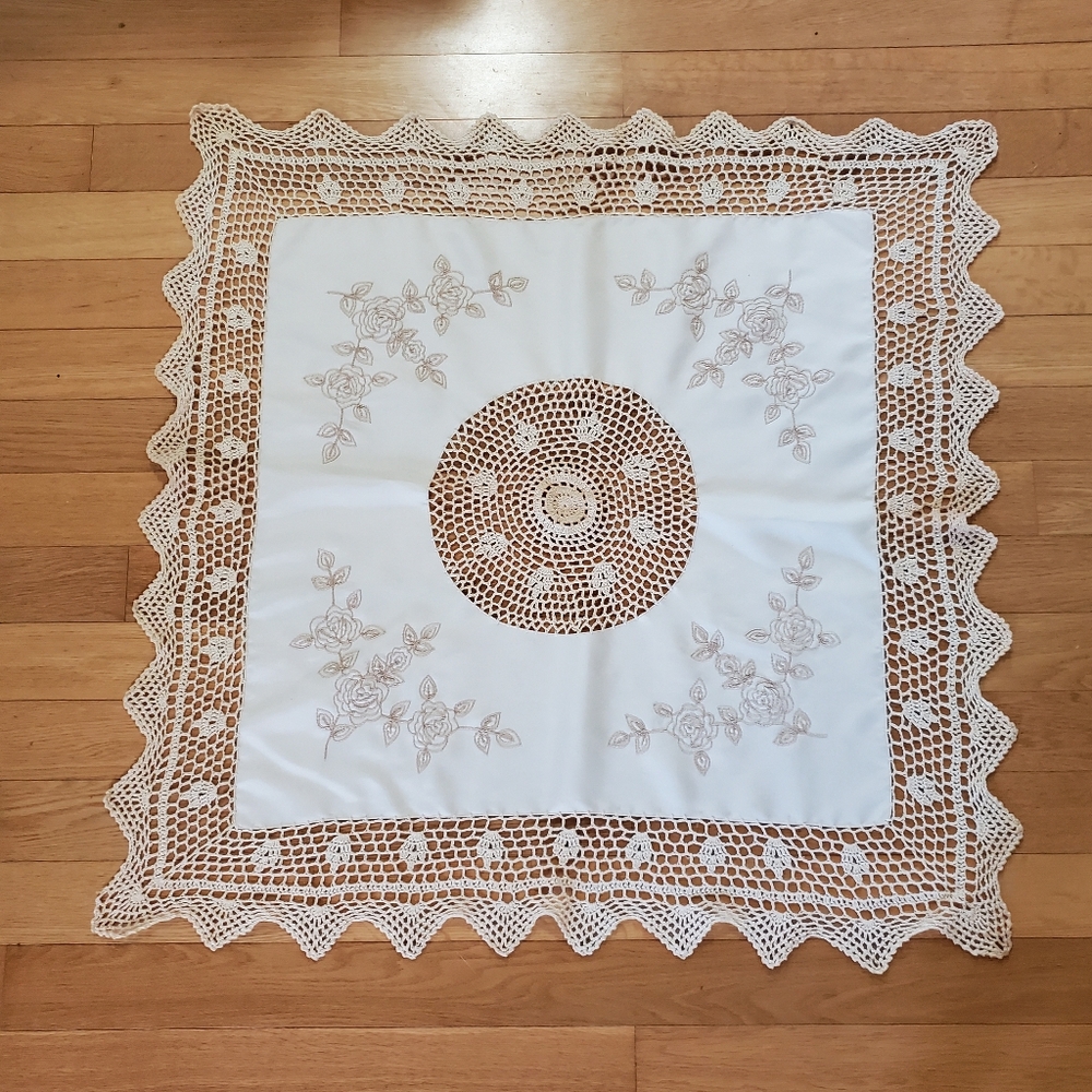 Embroidered and Lace Accent Bohemian Square Tablecloth 33x33‎